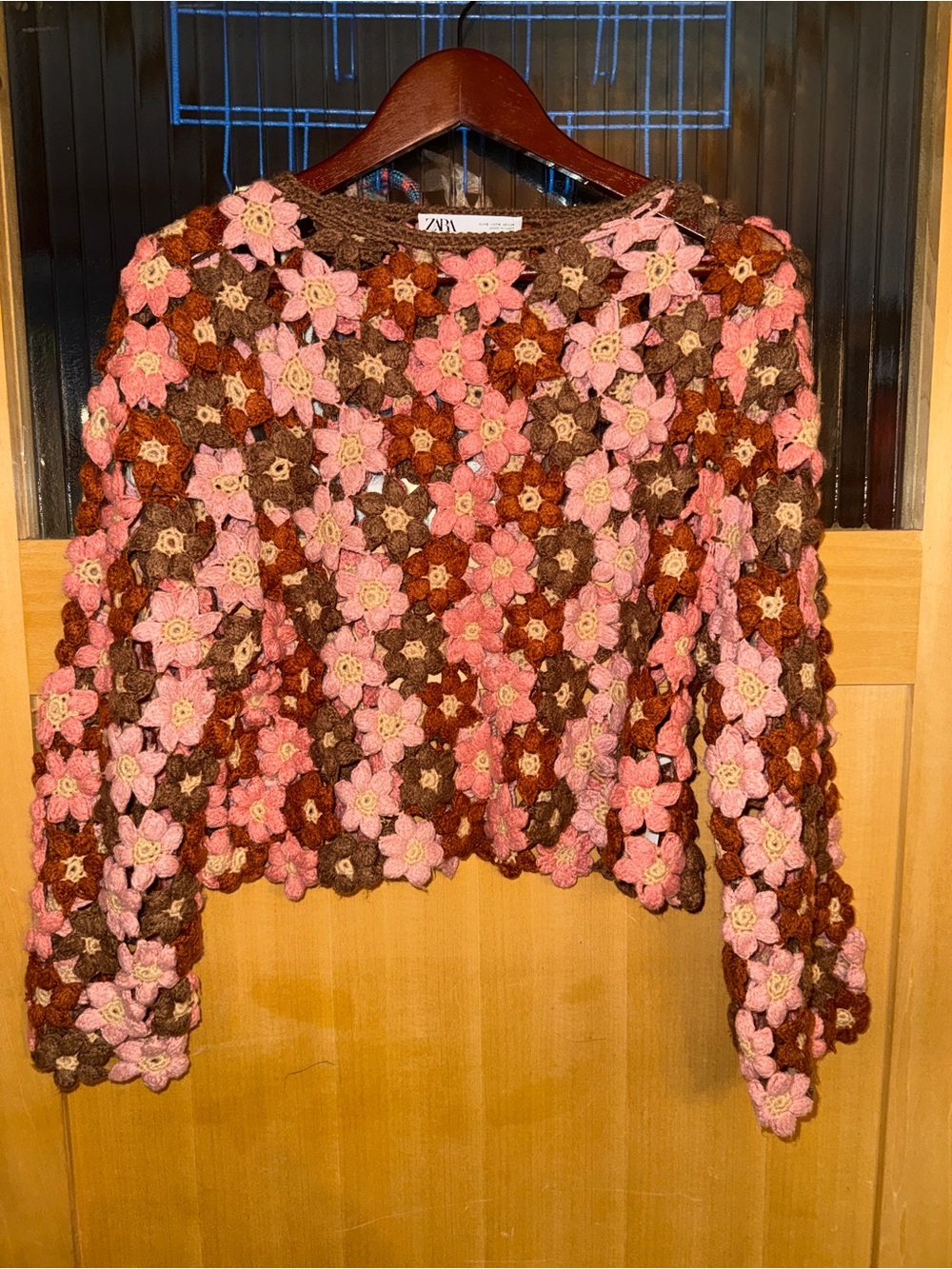Zara Boho Small Crocheted Floral Knit Flower Sweater Hippy Natural Colors
